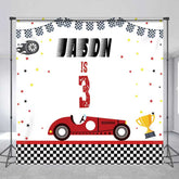 Aperturee Aperturee Custom Third Birthday Race Car Backdrop Vintage Red Car and Checkered Flag Personalized Boys Racing Party Decor